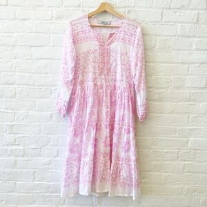 Bella Tu || Embellished Block Print Tiered Midi Dress Floral Pink XS